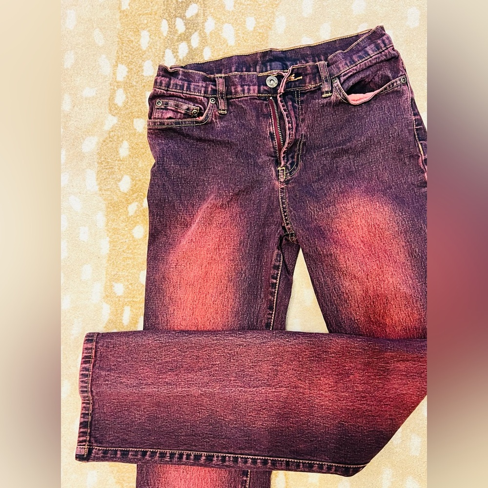 Burgundy Distressed Skinny Jeans with Gold Metal Accents | Small